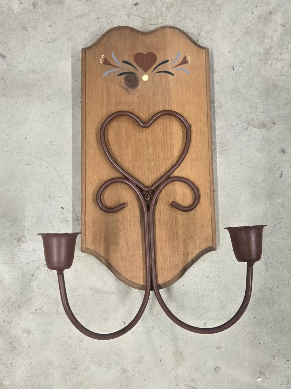 Vintage 1980s Wood & Iron Heart Wall Sconce - Double Taper Candle Holder Cottage